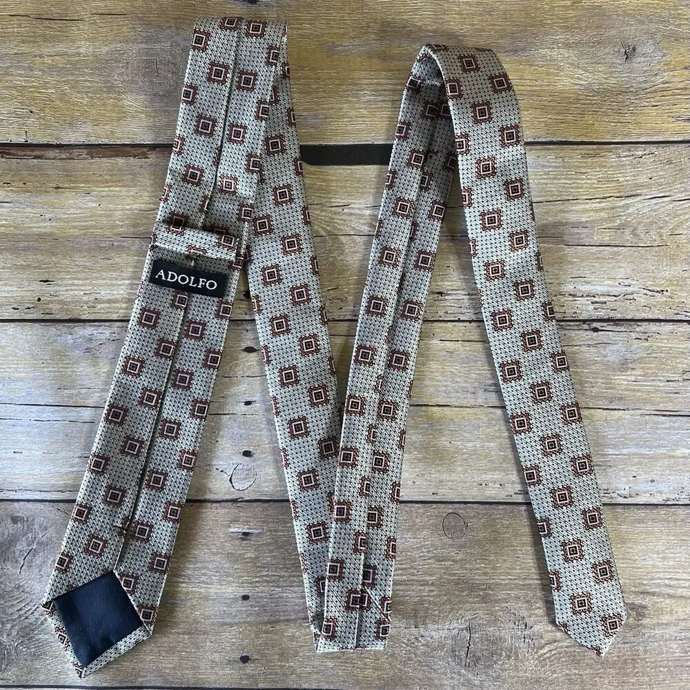 Adolfo Mens Necktie Brown‎ Tan Geometric Square Pattern Silk Blend Classic Tie
